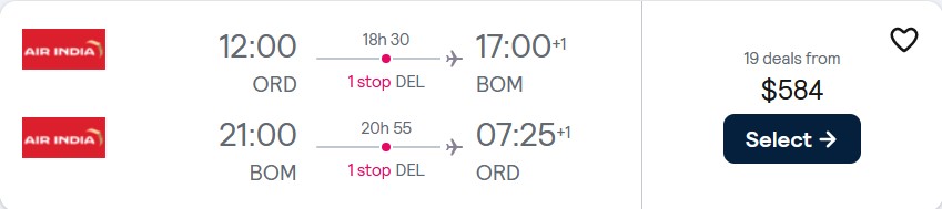 Cheap flights from Chicago to Mumbai, India for only $584 roundtrip. Flight deal ticket image.