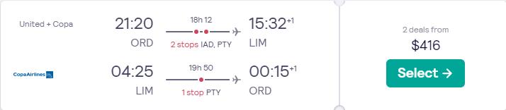 Cheap flights from Chicago to Lima, Peru for only $416 roundtrip with United Airlines and Copa Airlines. Flight deal ticket image.