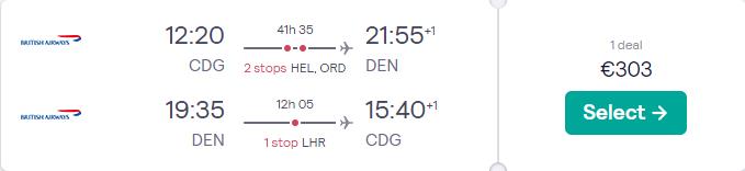Cheap flights from Paris, France to Denver, Colorado for just €303 return with Iberia, British Airways and Finnair.  Image of flight offer ticket.