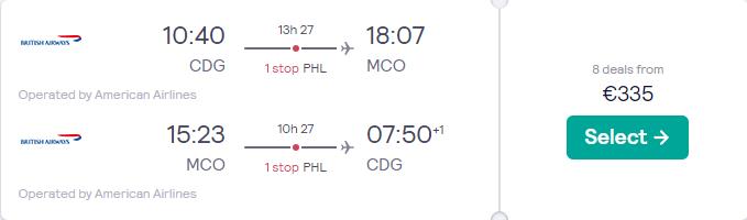 Cheap flights from Paris, France to Orlando, Florida for only €335 roundtrip with American Airlines. Flight deal ticket image.