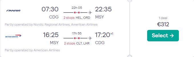 Click here to book this cheap flight deal. Cheap flights from Paris, France to New Orleans, USA for only €312 roundtrip with Finnair, American Airlines and British Airways. Flight deal ticket image.