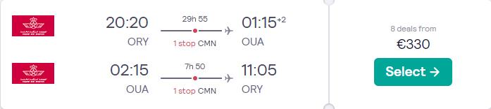 Cheap flights from Paris, France to Ouagadougou, Burkina Faso for only €330 roundtrip with Royal Air Maroc. Flight deal ticket image.