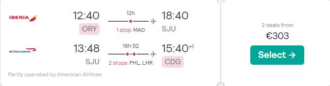 Cheap flights from Paris, France to San Juan, Puerto Rico or the US Virgin Islands from only €303 roundtrip with Iberia, American Airlines and British Airways. Flight deal ticket image.