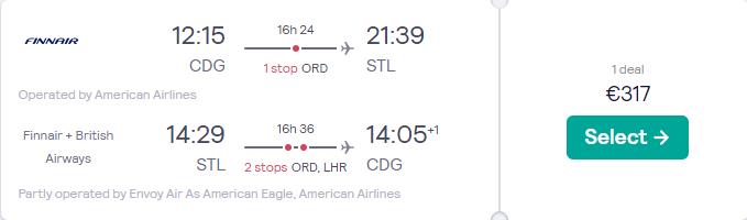 Cheap flights from Paris, France to St. Louis, USA for only €317 roundtrip with American Airlines and British Airways. Flight deal ticket image.