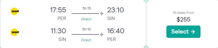 Non-stop flights from Australian cities to Singapore from only $255 AUD roundtrip. Flight deal ticket image.