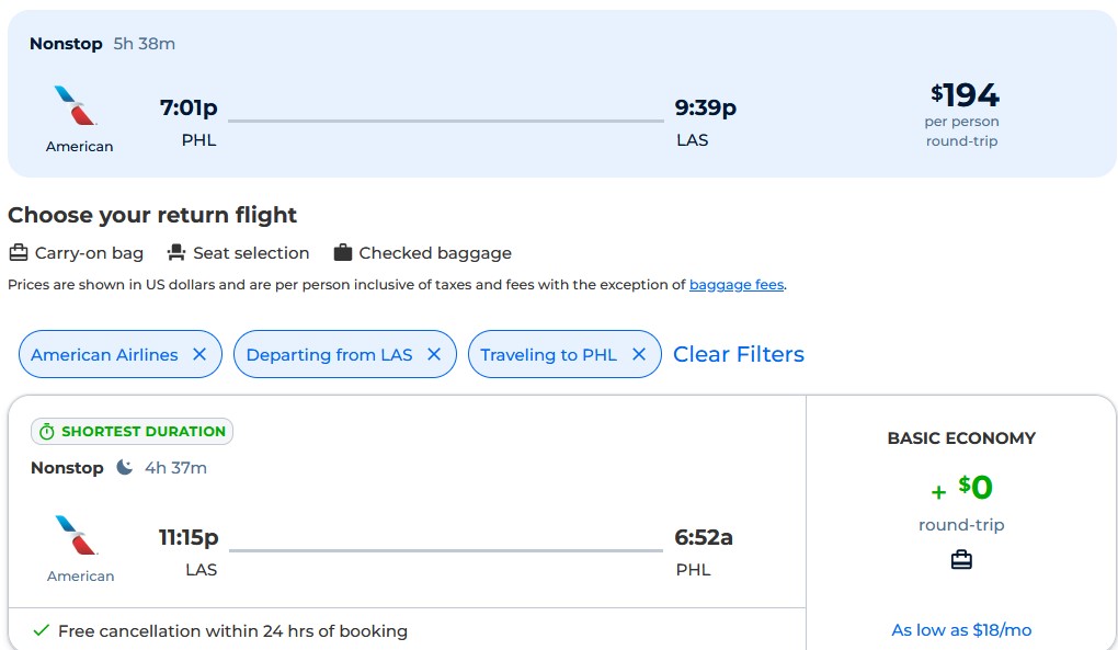 Nonstop flights from Philadelphia to Las Vegas for just $194 roundtrip with American Airlines.  It also works the other way around.  Flight offer ticket image.