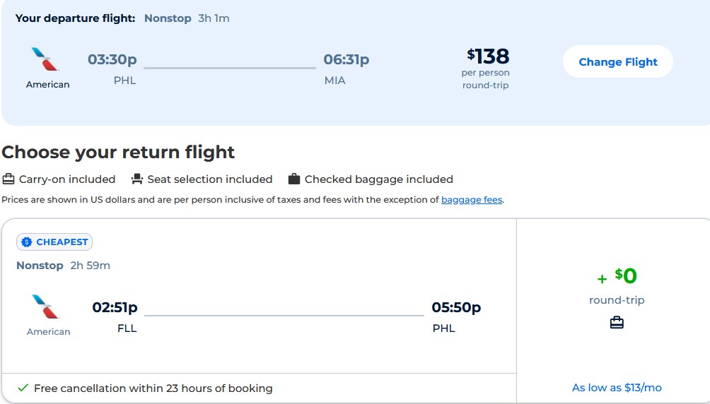Direct flights from Philadelphia to Miami for just $138 round trip with American Airlines.  It also works the other way around.  Flight offer ticket image.
