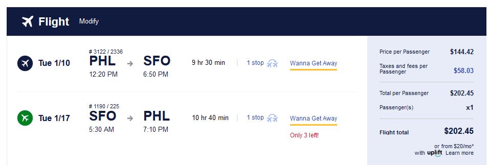 Nonstop flights from Philadelphia, USA to San Francisco, USA for just $202 round trip.  Image of flight offer ticket.