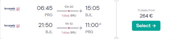 Cheap flights from Prague, Czech Republic to Banjul, Gambia for just €264 return with Brussels Airlines.  Image of flight offer ticket.