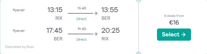 Non-stop flights from Riga, Latvia to Berlin, Germany for only €16 roundtrip. Flight deal ticket image.