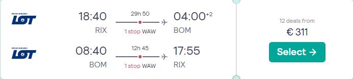 Cheap flights from the Baltics to Mumbai, India from only €311 roundtrip with LOT Polish Airlines. Flight deal ticket image.