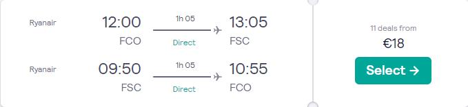 Non-stop flights from Rome, Italy to Corsica for only €18 roundtrip. Flight deal ticket image.
