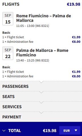 Non-stop flights from Rome, Italy to Palma de Mallorca, Spain for only €19 roundtrip. Flight deal ticket image.