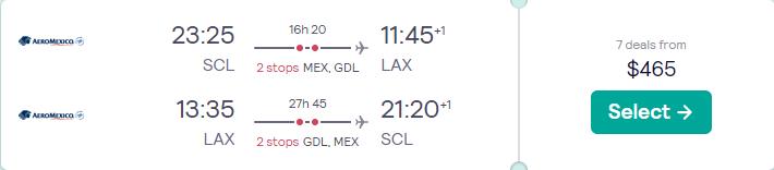 Cheap flights from Santiago, Chile to Los Angeles, USA for only $465 USD roundtrip with Aeromexico. Flight deal ticket image.