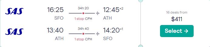 Cheap flights from San Francisco to Athens, Greece for just $411 round trip with Scandinavian Airlines.  Image of flight offer ticket.