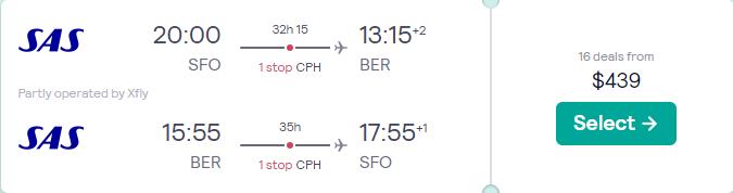 Cheap flights from San Francisco to Berlin, Germany for only $439 roundtrip with Scandinavian Airlines. Flight deal ticket image.