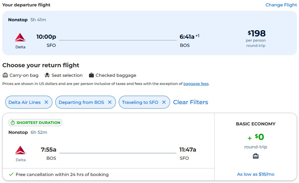 Non-stop flights from San Francisco to Boston for only $198 roundtrip with Delta Air Lines. Also works in reverse. Flight deal ticket image.
