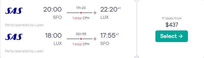 Cheap flights from San Francisco to Luxembourg for just $437 round trip with Scandinavian Airlines.  Image of flight offer ticket.