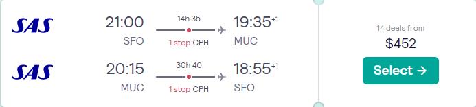 Cheap flights from San Francisco to Munich, Germany for just $452 round trip with Scandinavian Airlines.  Image of flight offer ticket.