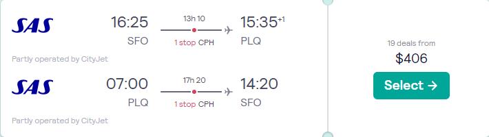 Click here to book this cheap flight deal. Cheap flights from San Francisco to Palanga, Lithuania for only $406 roundtrip with Scandinavian Airlines. Flight deal ticket image.
