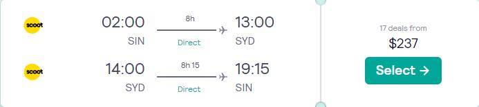 Non-stop flights from Singapore to Sydney, Australia for only $237 USD roundtrip. Flight deal ticket image.