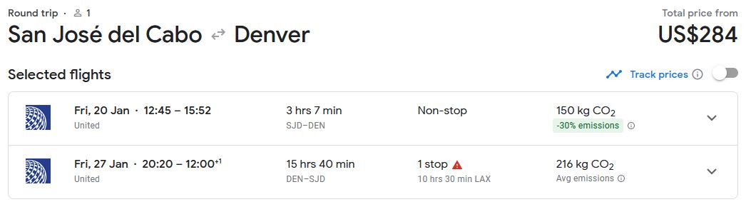 Click here to book this cheap flight deal. Cheap flights from San Jose del Cabo, Mexico to Denver, Colorado for only $286 USD roundtrip with United Airlines. Flight deal ticket image.