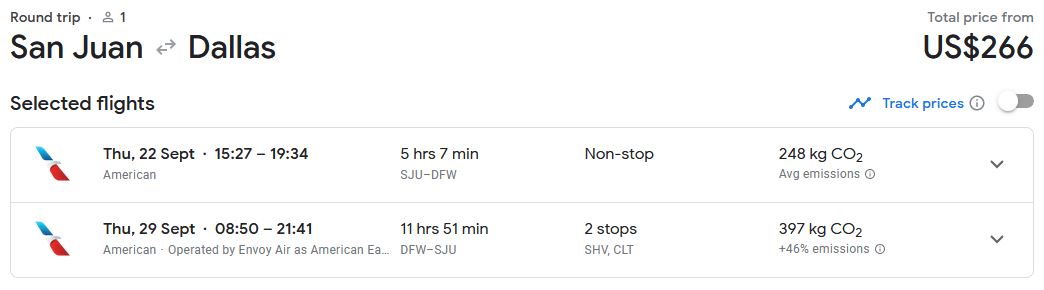 Cheap flights from San Juan, Puerto Rico to Dallas, Texas for just US$266 round trip with American Airlines.  Image of flight offer ticket.