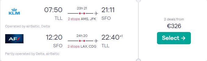 Click here to book this cheap flight deal. Cheap flights from the Baltics to San Francisco, USA from only €326 roundtrip with Delta Air Lines and Air France. Flight deal ticket image.