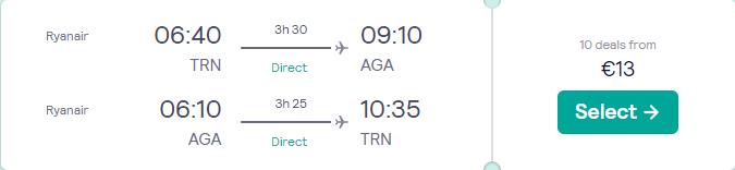 Non-stop flights from Turin, Italy to Agadir, Morocco for only €13 roundtrip. Flight deal ticket image.