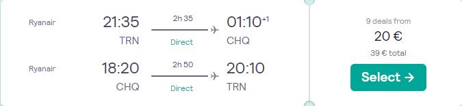 Non-stop flights from Turin, Italy to the Greek island of Crete for only €23 roundtrip. Flight deal ticket image.