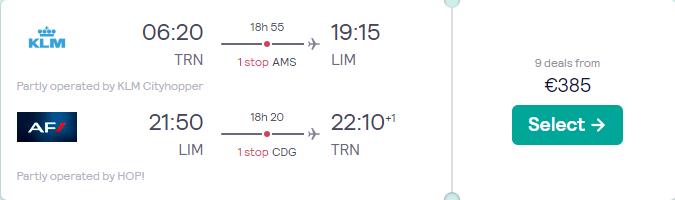 Cheap flights from Turin, Italy to Lima, Peru for only €385 roundtrip with KLM and Air France. Flight deal ticket image.