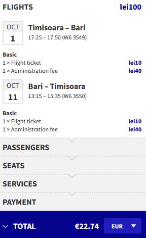 Non-stop flights from Timisoara, Romania to Bari, Italy for only €22 roundtrip. Flight deal ticket image.