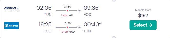 Cheap flights from Tunis, Tunisia to Rome, Italy for just US$182 return with Aegean Airlines and Air Europa.  Image of flight offer ticket.