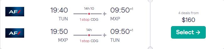Cheap flights from Tunis, Tunisia to Milan, Italy for just US$160 round trip with Air France.  Image of flight offer ticket.