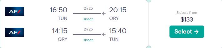 Nonstop flights from Tunis, Tunisia to Paris, France for just US$133 roundtrip with Air France.  Image of flight offer ticket.