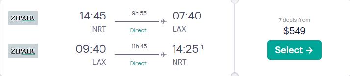 Nonstop flights from Tokyo, Japan to Los Angeles, USA for just US$549 round trip.  Image of flight offer ticket.