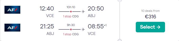 Cheap flights from Venice, Italy to Abidjan, Ivory Coast for just €316 return with Air France.  Image of flight offer ticket.