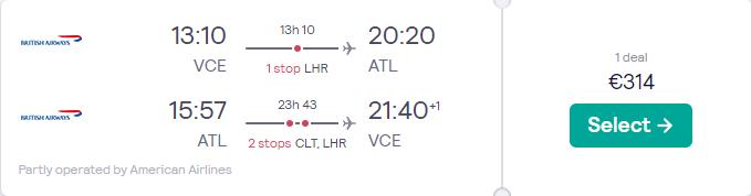 Cheap flights from Venice, Italy to Atlanta, USA for only €314 roundtrip with British Airways and American Airlines. Flight deal ticket image.