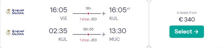 Open-jaw flights from Vienna, Austria to Kuala Lumpur, Malaysia returning to Munich, Germany for only €340. Flight deal ticket image.
