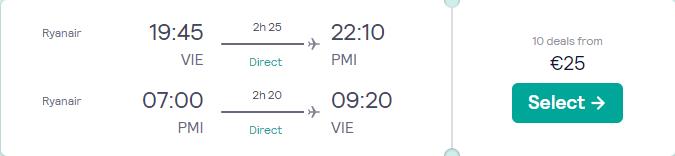 Non-stop flights from Vienna, Austria to Palma de Mallorca, Spain for only €25 roundtrip. Flight deal ticket image.