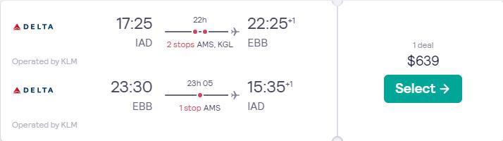 Cheap flights from Washington DC to Entebbe, Uganda for only $679 roundtrip with Turkish Airlines. Flight deal ticket image.