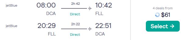 Non-stop flights from Washington DC to Fort Lauderdale for only $61 roundtrip with JetBlue. Also works in reverse. Flight deal ticket image.