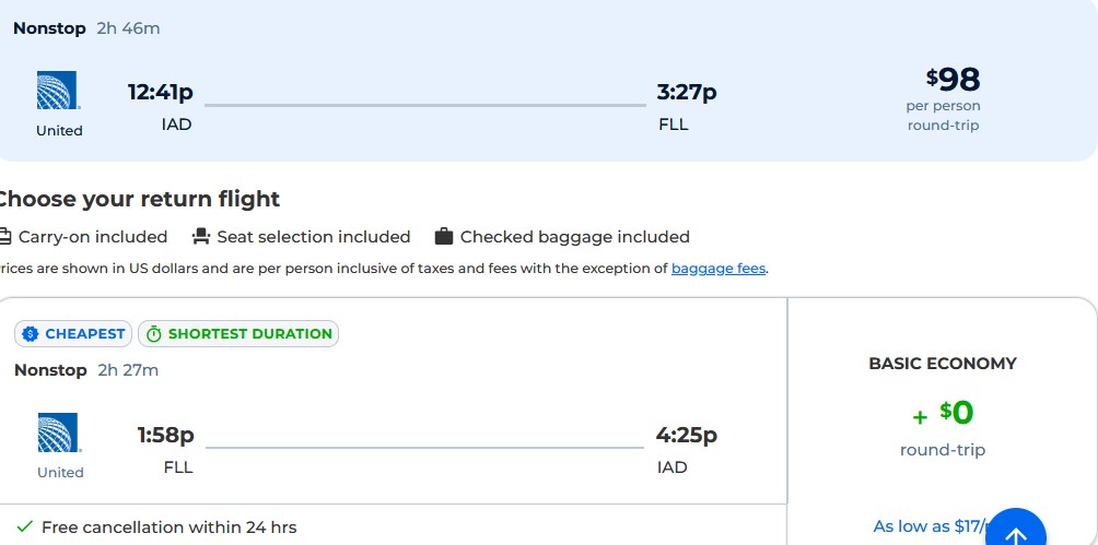 Nonstop flights from Washington DC to Fort Lauderdale for just $98 roundtrip with United Airlines.  Also works in reverse.  Image of flight offer ticket.