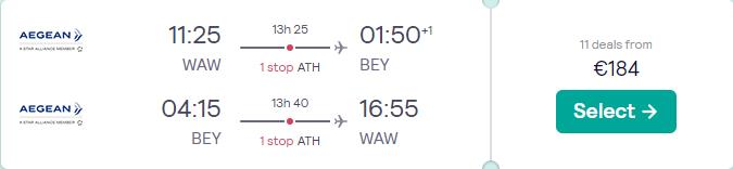 Cheap flights from Warsaw, Poland to Beirut, Lebanon for only €184 roundtrip with Aegean Airlines. Flight deal ticket image.