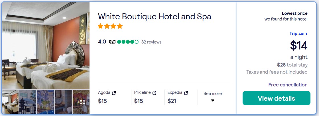 Stay at the 4* White Boutique Hotel and Spa in Chiang Mai, Thailand for only $14 USD per night. Flight deal ticket image.