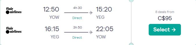 Non-stop flights from Ottawa, Canada to Edmonton, Canada for just $95 CAD round trip.  Image of flight offer ticket.