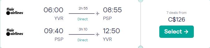 Nonstop flights from Vancouver, Canada to Palm Springs, CA for just $126 CAD round trip.  Image of flight offer ticket.