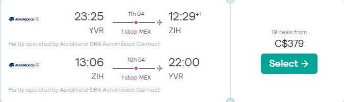 Cheap flights from Vancouver, Canada to Ixtapa, Mexico for just $379 CAD round trip with Aeromexico.  Image of flight offer ticket.