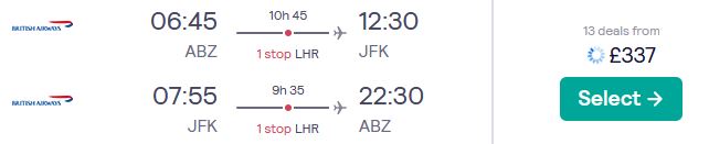 Cheap flights from Aberdeen, Scotland to New York, USA for only £337 roundtrip with British Airways. Flight deal ticket image.