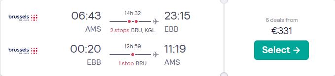 Cheap flights from Amsterdam, Netherlands to Entebbe, Uganda for only €331 roundtrip with Brussels Airlines. Flight deal ticket image.
